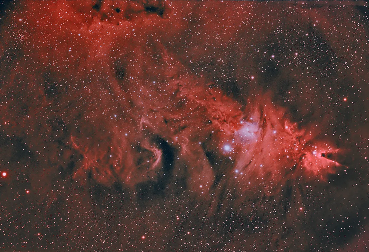 NGC 2264 by Ian J Crichton, Dalgety Bay, Scotland. Equipment: NEQ6 PRO, TASPO 130Q @f/5, Canon 70D modified, Astronomik UHC, 6nm H-alpha clip in filters,SX Lodestar x2 mono CCD