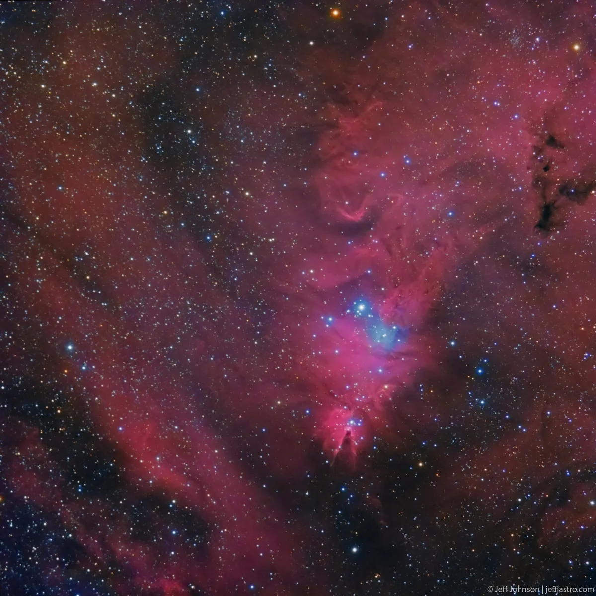 NGC 2264 (Cone Nebula) by Jeff Johnson, Las Cruces, New Mexico, USA. Equipment: Takahashi FS-60C, Takahashi EM200 Temma II, QSI 540wsg, SX Lodestar, Astrodon Ha (3nm), Astrodon Tru-Balance I-Series LRGB Gen 2.