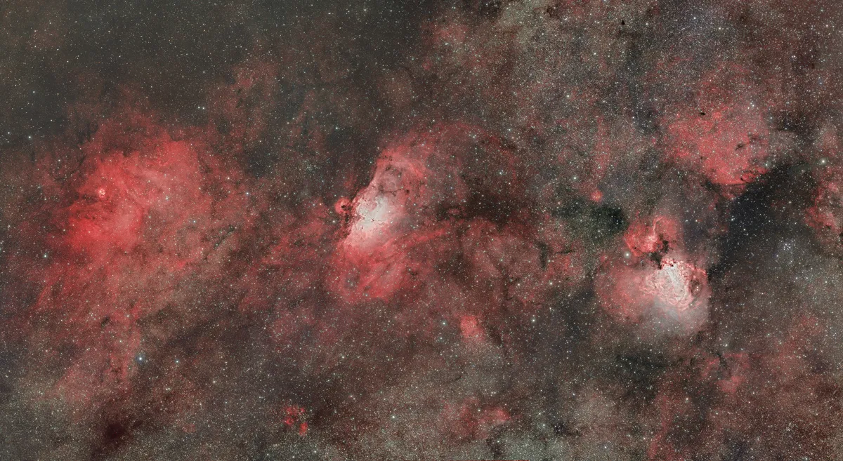 M16, M17 and Sh2-54 mosaic in HaOIII-RGB by Christian vd Berge, Namibia.