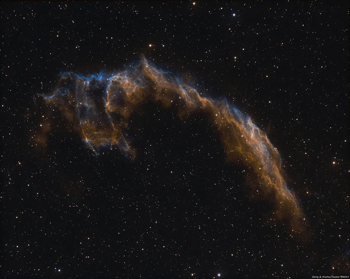 Eastern Veil Nebula by Nicolas Fischer, Norwich, UK. Equipment: AZ-EQ 6GT mount, William Optics GT81 scope, Atik 460EX, EFW2 filter wheel, Baader filters, WO 71, Lodestar auto-guider