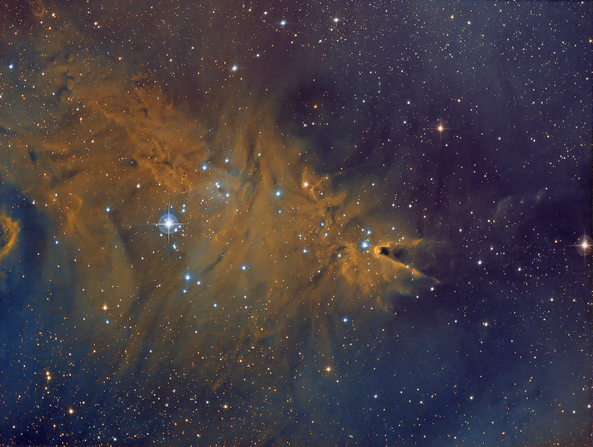 NGC2264 - Cone Nebula and Christmas Tree Cluster in SHO Narrowband by Simon Todd, Haywards Heath, UK. Equipment: Sky-Watcher Quattro 8-CF Imaging Newtonian, Skywatcher Aplanatic Coma Corrector, Atik 383L  Mono CCD, Celestron Telescopes C80ED Refractor, Qhyccd QHY5L-II Mono, Sky-Watcher EQ8 Pro, Starlight Xpress Ltd 7x36mm EFW, Baader Planetarium 7nm HA, OIII and SII 36mm Unmounted.