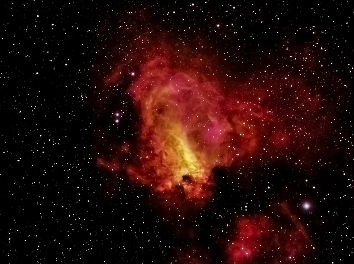 Omega Nebula by John Maclean, Norman Lockyer Observatory, Sidmouth, Devon, UK. Equipment: Atik 314L , Equinox 80 APO, WOZ66, QHY5, PHD, Ha, OIII, SII
