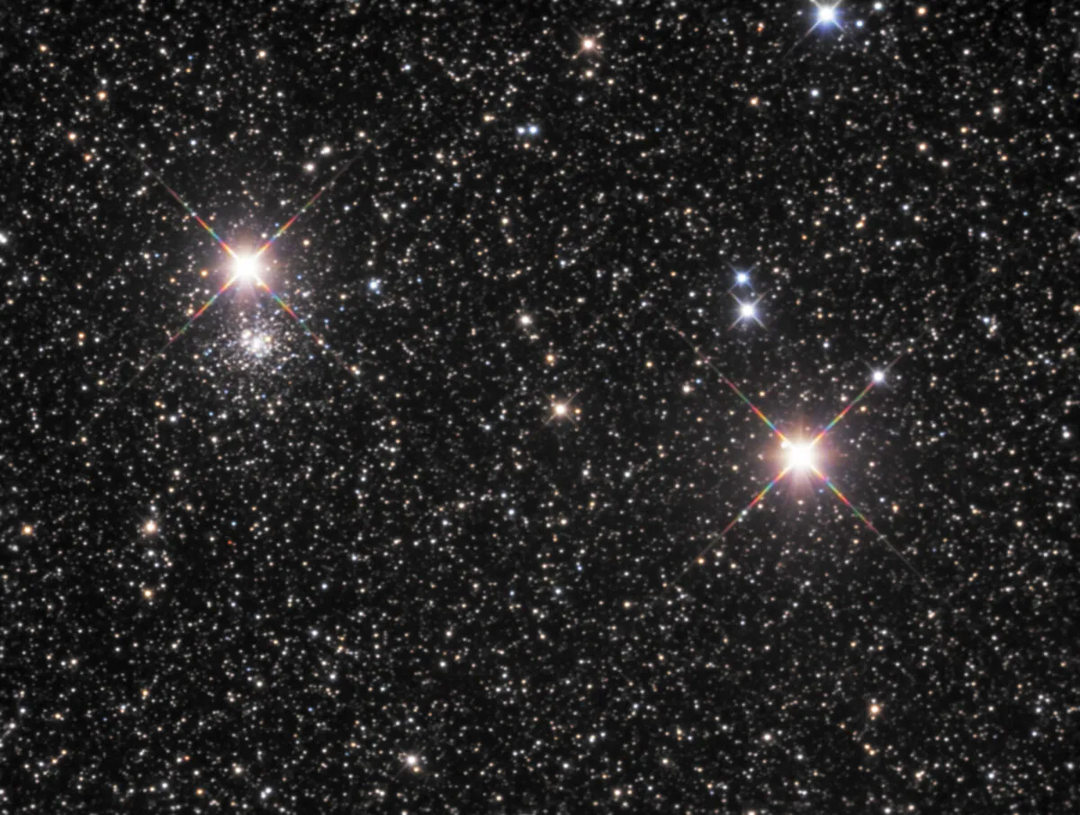 Palomar 9 (NGC 6717, Collinder 395 and others) is a Shapley-Sawyer class VIII globular cluster located approximately 23,000 light-years away in Sagittarius. It can be seen on the left, below bright star 35 Sgr. Credit: Dan Crowson, Animas, New Mexico, USA, 11 July and 23 August 2016.