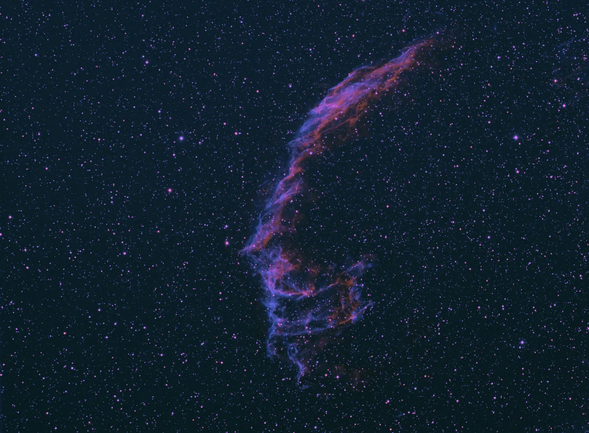 Eastern Veil Nebula by Scott, Scottish Borders, UK. Equipment: Takahashi FSQ106, SBIG STF 8300M, Baader 7nm Ha and 8.5nm OIII filters, Mesu 200 mount.