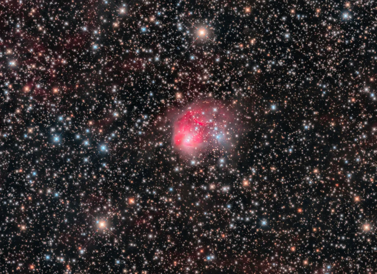 Open Cluster and Nebula in the Constellation Auriga by Stephen D Pastor, Mayhill, NM, USA. Equipment: Takahashi CCA250 f/5 Astrograph,a QSI683wsg CCD, Astrodon Gen 2 filters, Paramount ME.