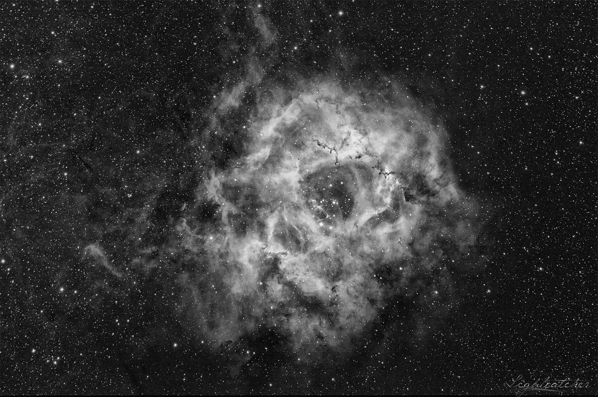 NGC2239 Rosette Nebula by Mariusz Szymaszek, Crawley, Sussex, UK. Equipment: ED-APO refractor D90 F500mm f/5.5 with experimentally connected SW field flattener, NEQ6-Pro, QHY168C, Baader 7nm H-alpha, ZWO ASI120MM, 60mm Guide.