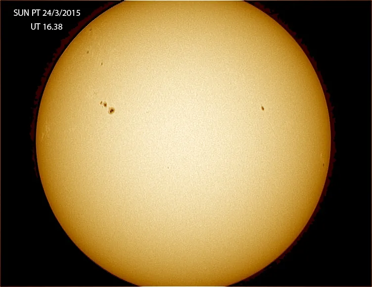 sun 24/3/2015 by Peter Taylor, Coventry, UK. Equipment: EZ80, Loadestar CCD, Baader Filter