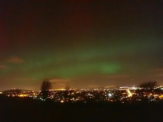 Further south, green veils shimmered over Edinburgh. This image was taken around 10pm on 27 February by the British Geological Society's Space Weather section. Credit: @BGSspaceWeather/Twitter