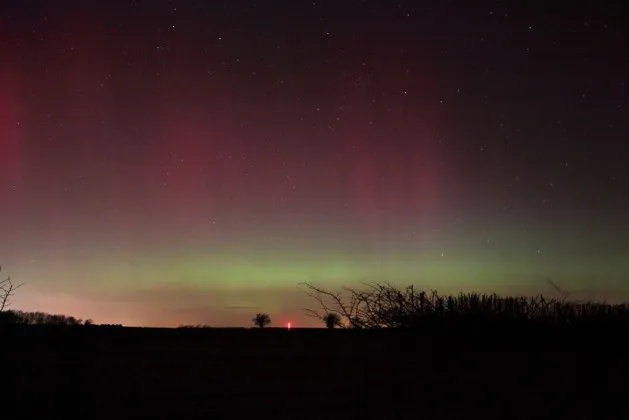 Paul Money witnessed green veils with diffuse red aurora above along the northern horizon from Lincolnshire. Credit: Paul Money