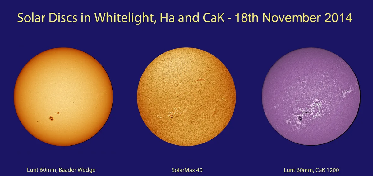 Solar Disc in 3 Wavelengths by Mike Garbett, Walsall, West Midlands, UK. Equipment: HEQ5 Pro, Lunt 60, Baader ceramic wedge, Lunt CaK1200 filter, SolarMax 40, PG Grasshopper 3 camera.