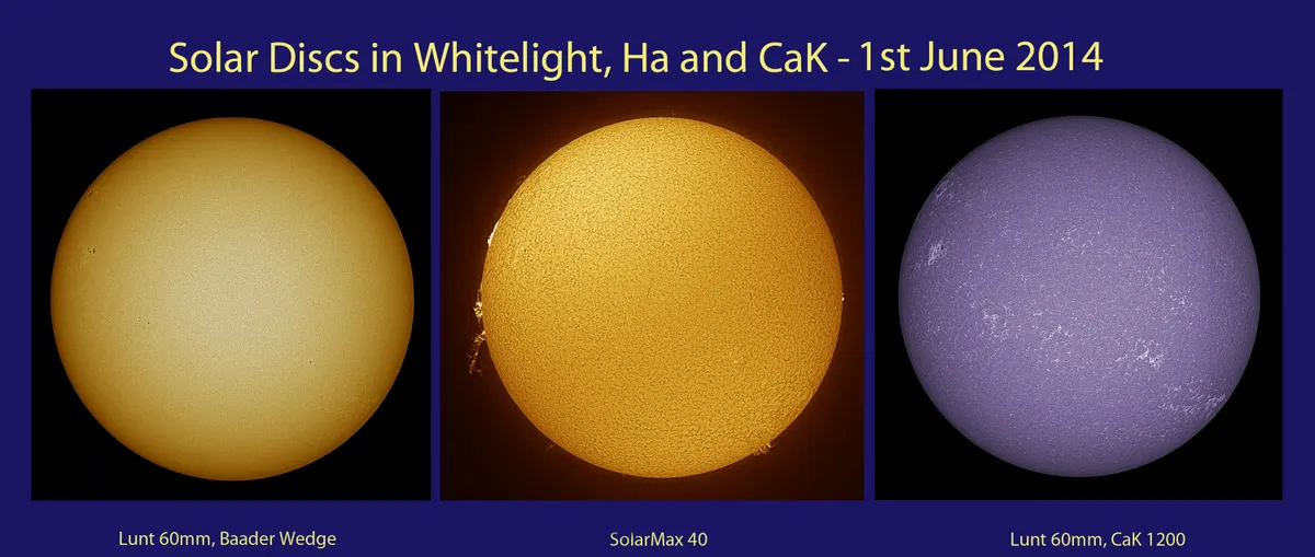 Solar Discs in 3 Wavelengths by Mike Garbett, Walsall, UK. Equipment: Lunt 60mm, Baader Ceramic Wedge, Solarmax40, DMK41