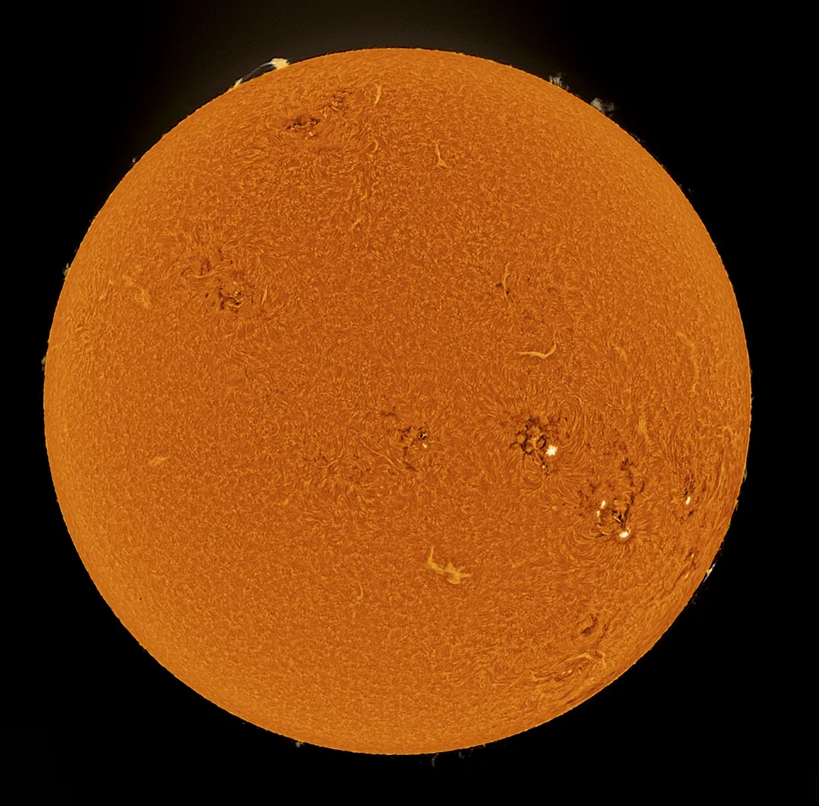Solar Disk in Hydrogen Alpha by Stuart Green, Preston, Lancashire, UK. Equipment: Lunt 60mm hydrogen alpha solar telescope, DMK41 monoCCD.