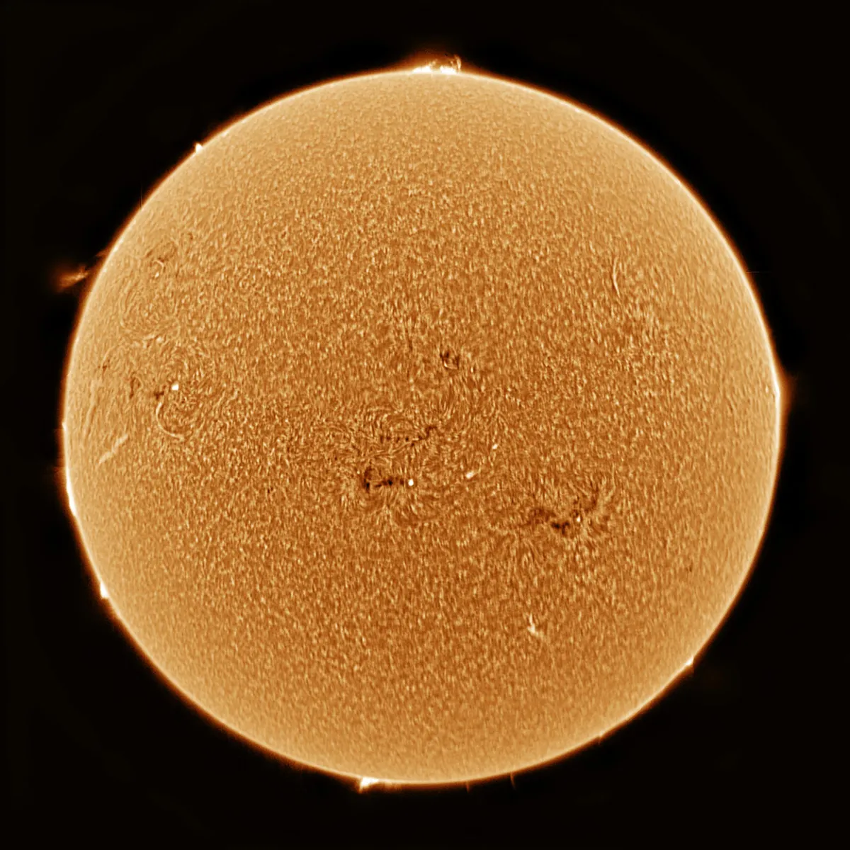 The Sun in Hydrogen-Alpha by Bill McSorley, Leeds, UK. Equipment: TeleVue Pronto, Coronado Ha Filters, Celestron 5e Alt/Az Mount.