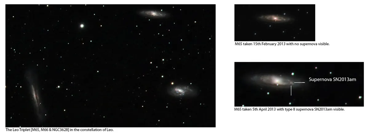 The Leo Triplet (M65, M66, NGC 3628) with supernova SN2013am by Jeff Burgess, Musselburgh, Scotland, UK.