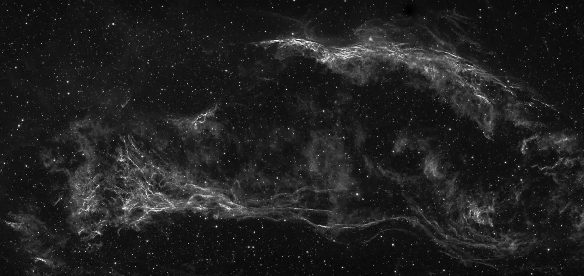 The Veil Nebula by Chris Grimmer, Norwich, UK. Equipment: William Optics GT81 Refractor, Ioptron CEM60 mount, SXVR H694 Mono CCD, Astrodon 5nm Ha Filter.