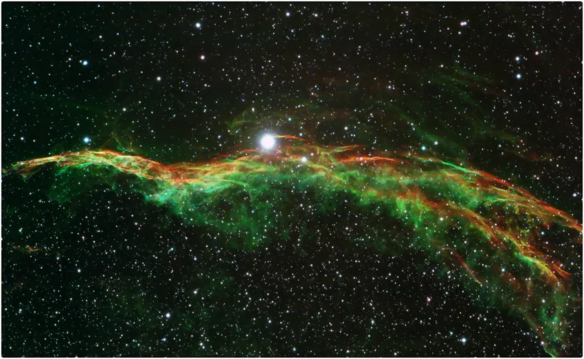 Veil Nebula in narrowband by Dave Trewren, Bristol, UK. Equipment: Skywatcher 120ED, 80ST guidescope, QHY9M, filter wheel, Baader NB filters, Mount HEQ5 Pro, mobile pier.