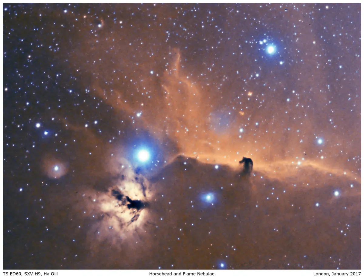 Horsehead Nebula by Amit Sharma, Canary Wharf, London. Equipment: TS Optics Apochromatic 60/330 mm TS Photoline 60ED, Starlight XPress sxv h9, Equatorial Celestron AVX, Generic Refractor 50/200 mm Solomark, QHYCCD Qhy 5l ii, Astronomik H-alpha 2.00