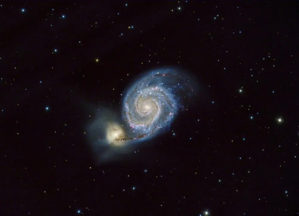 M51 - The Whirlpool Galaxy by Duan Yuseff, Canvey Island, Essex, UK. Equipment: Ikharos 10" Truss RC telescope, SW EQ8 Mount, ZWO ASI1600MM-C, ZWO Filter Wheel, Badder 36mm NB Filters, Lodestar Guide Cam, Primaluce Lad Airy 72 Guide scope