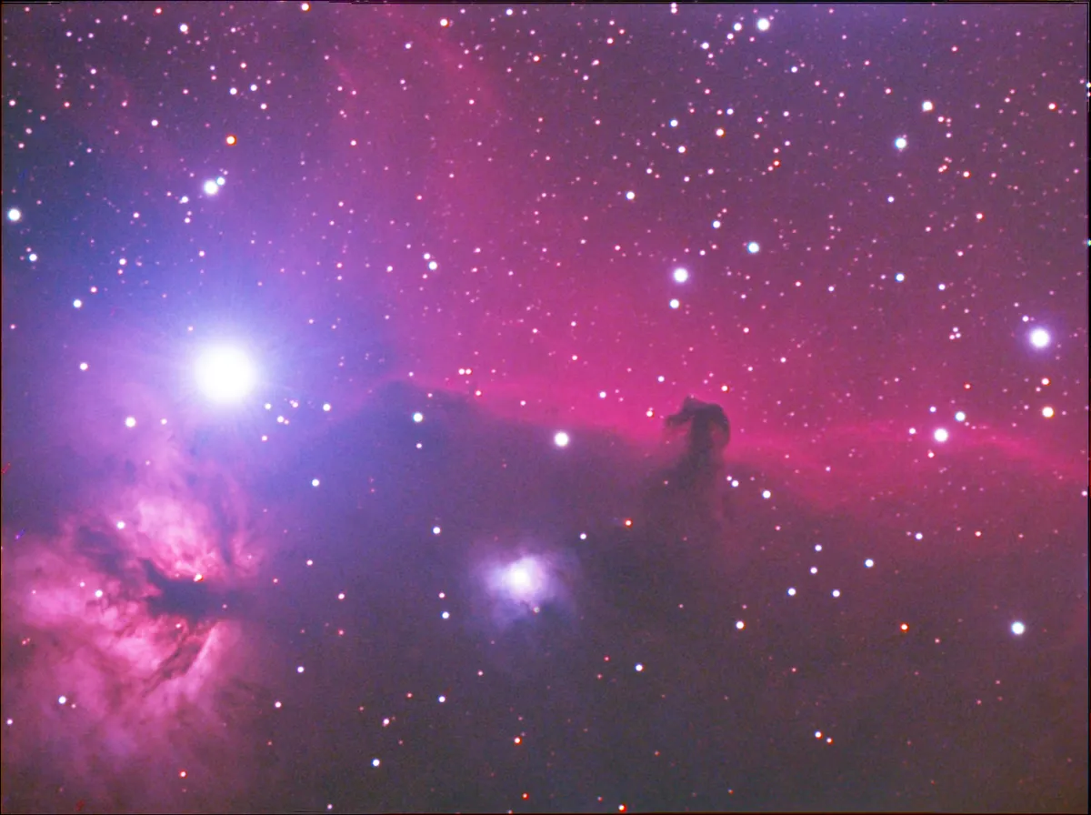 Horsehead and Flame Nebula by Andrew Jensen, Suffolk, UK. Equipment: Skywatcher 80mm Equinox Refractor, Atik 314l, NEQ6 Mount