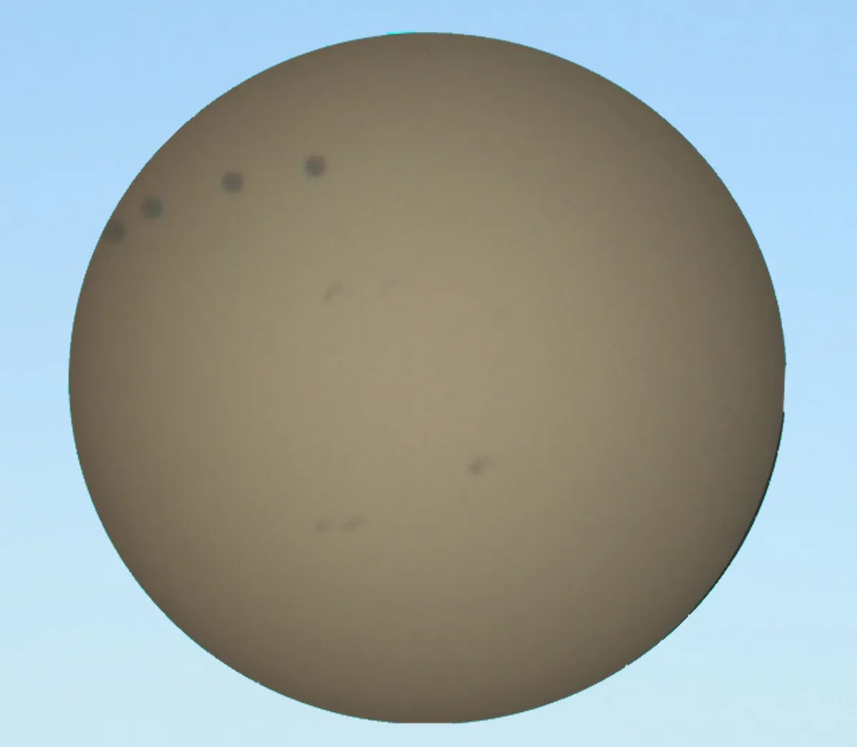 Composite of 4 Shots of the Transit of Venus by Rodger King, Palm Cove Beach, Cairns, Queensland, Australia. Equipment: Celeston 15x70 binoculars projecting on a white card. Pictures taken with a Canon 400D and a 55mm lens.