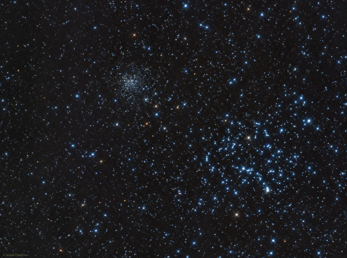 M35 and NGC 2158 by Jaspal Chadha, London, UK. Equipment: Skywatcher Espirt 100ED, QSI 690 CCD, Ioptron CEM60 Mount, LRGB.