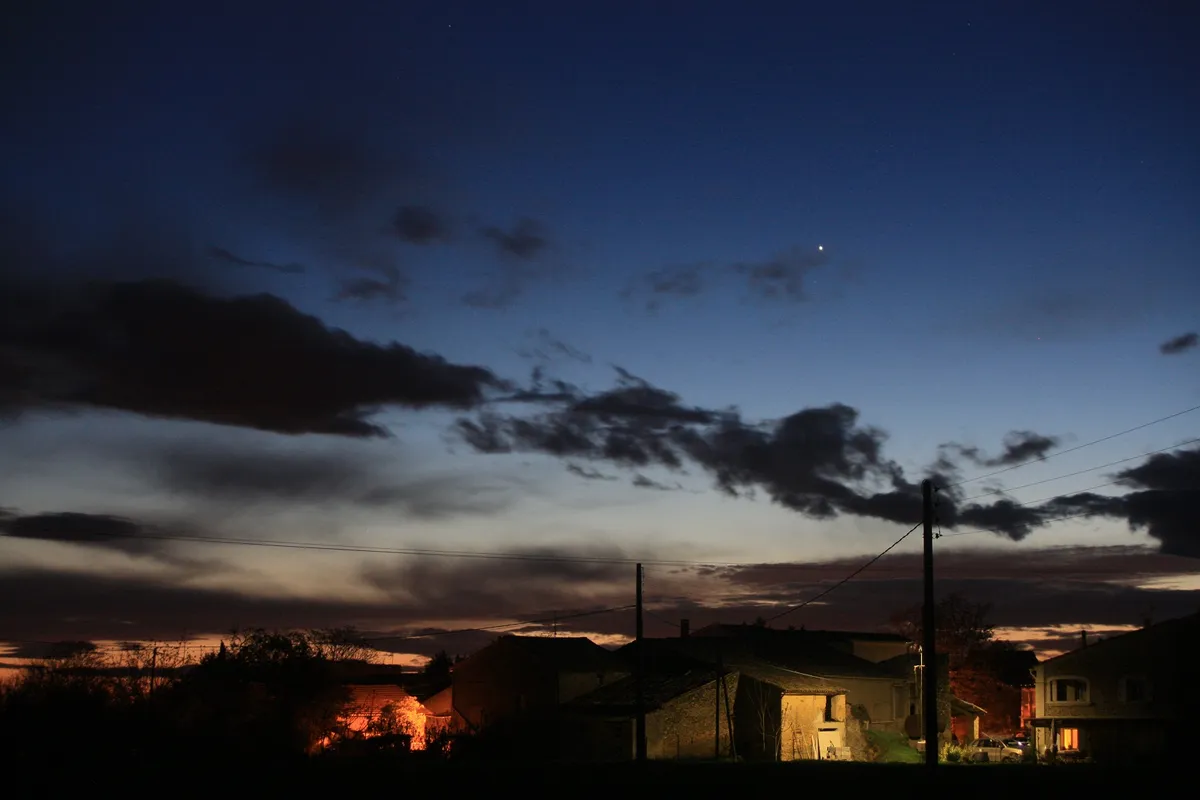 Venus, Jupiter, Orion and The Pleiades in twilight, photographed by Jarrod Bennett, Saint Gregoire, Provence, France.