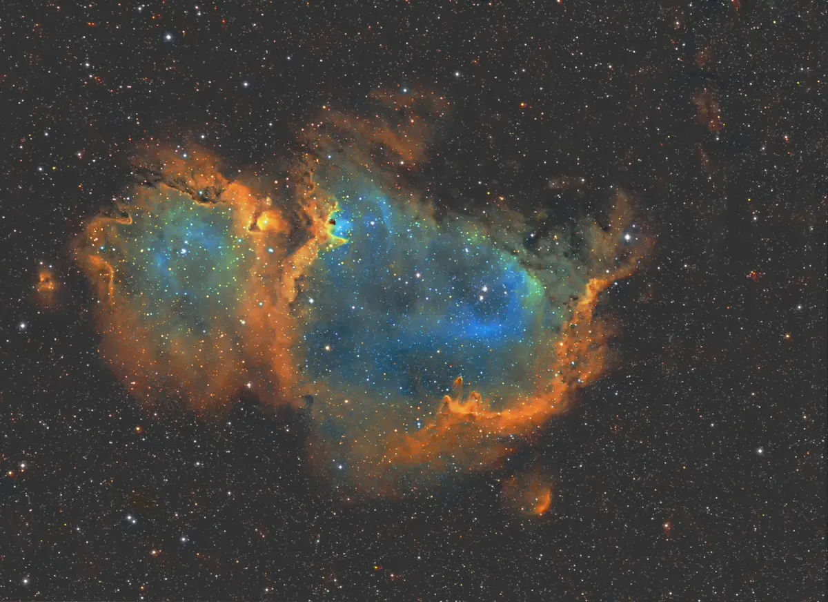 Soul Nebula by Dan Ornsby, Swindon, Wiltshire, UK. Equipment: William Optics star71 MK1. Atik 383L  mono. Baader narrowband filters. NEQ6 polar aligned via Polemaster. Guided with QHY5L11-C and PHD2.