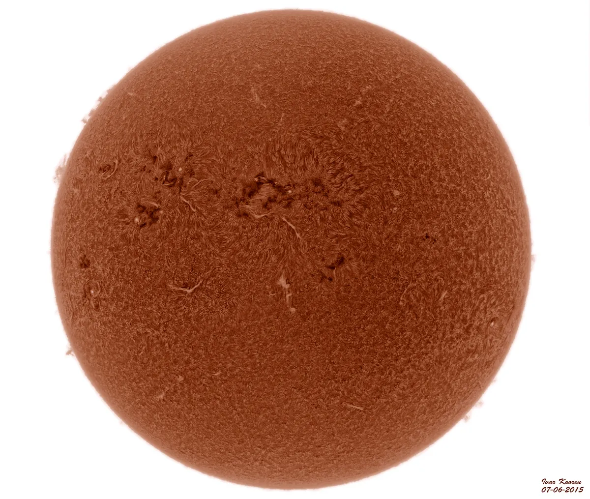 The Sun 07-06-2015 by Ivar Kooren, Heenvliet, The Netherlands. Equipment: Solarmax60S, ZWO ASI174mm.