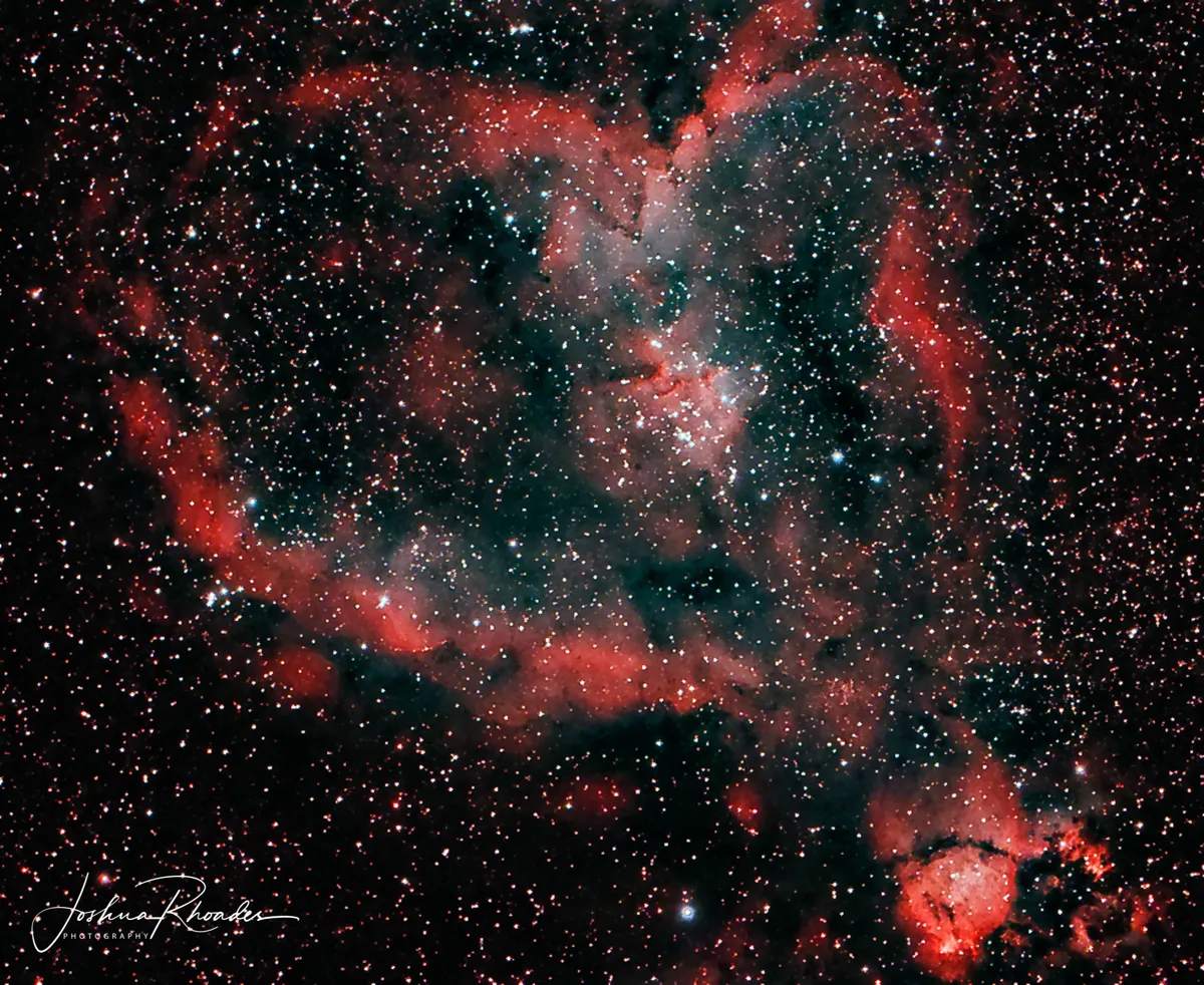 Heart Nebula by Joshua Rhoades, Elkhart, Illinois, USA. Equipment: Celestron Advanced VX mount, Stellarvue Access 80 mm refractor telescope, Stellarvue 0.8x Focal Reducer/Flattener for the SV80, Stellarvue 9x50 finderscope, QHY5L-II guiding camera, Canon EOS T3i modded, Astronomik UHC Clip Filter inserted into the Canon EOS T3i