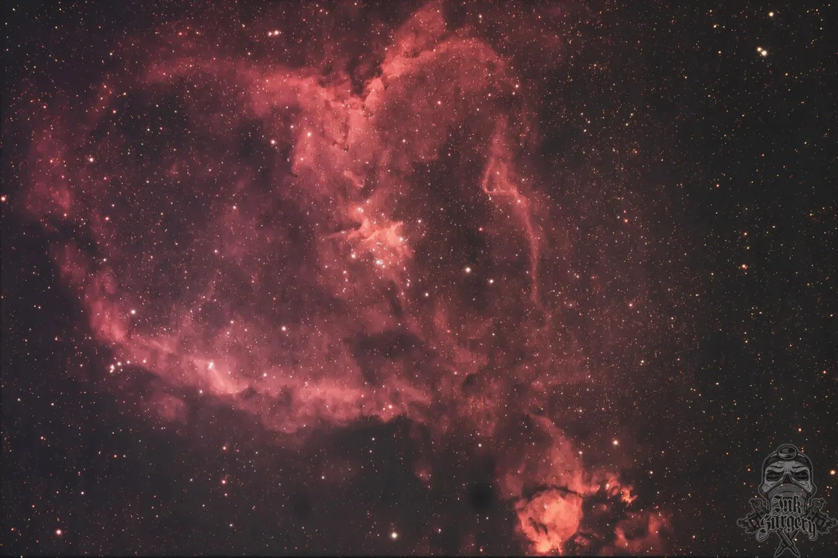Heart Nebula by Rob Bates, Worksop, UK. Equipment: HEQ5 pro with belt mod, QHY5ii guide cam, 9x50 finder, Equinox 80, Modded Canon 70d with CLS filter.