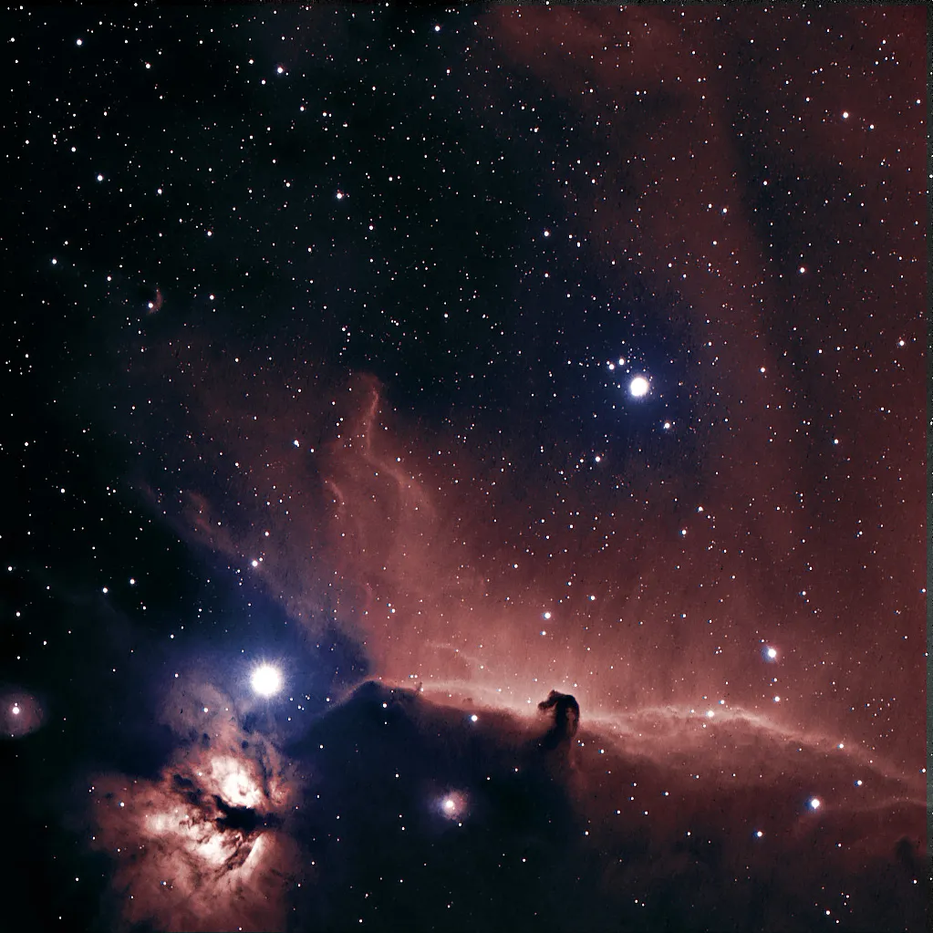 Horshead Nebula in Narrowband by Nick, Cherhill, Wiltshire, UK. Equipment: TMB 105 F4.9 (Televue FR/FF on TMB F6.2 scope), Atik 4000CCD, Astronomik H-Alpha and H-Beta filters, Meade DSI-c/ST102 autoguider setup, EQ6 mount.