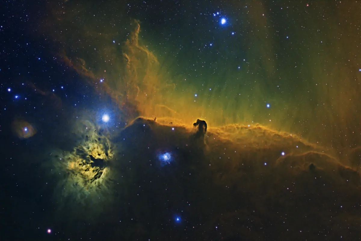 Horsehead and Flame in SHO by Trevor Nicholls, Chelmsford, UK. Equipment: Tak FSQ106 reduced, QSI 6120, Astrodon 5nm Filters, Paramount MX, Lodestar X2 guide camera.