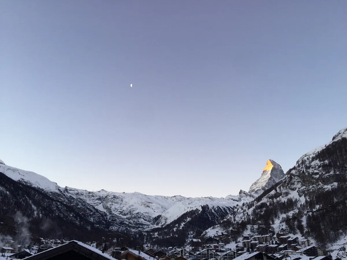 Zermatt Sunrise with last Quarter Moon and Matterhorn by Andrew McNaught, Gloucestershire, UK. Equipment: Handheld iPhone.