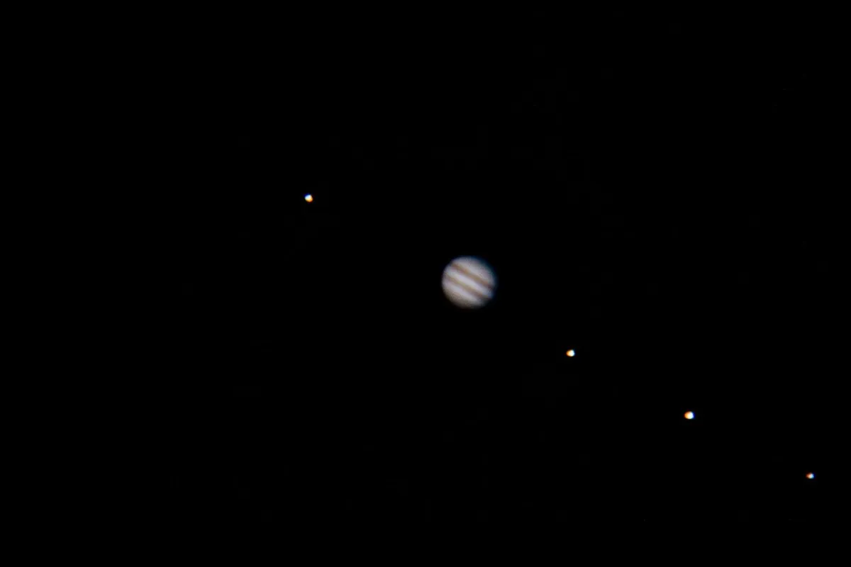 A wide-field view of Jupiter and its Galilean moons by James Harrop, Gomersal, W. Yorkshire, UK, captured using a Canon EOS 6D DSLr camera and Sky-Watcher Skymax Pro 180 refractor. Jupiter opposition is a great time to observe the planet's largest moons.