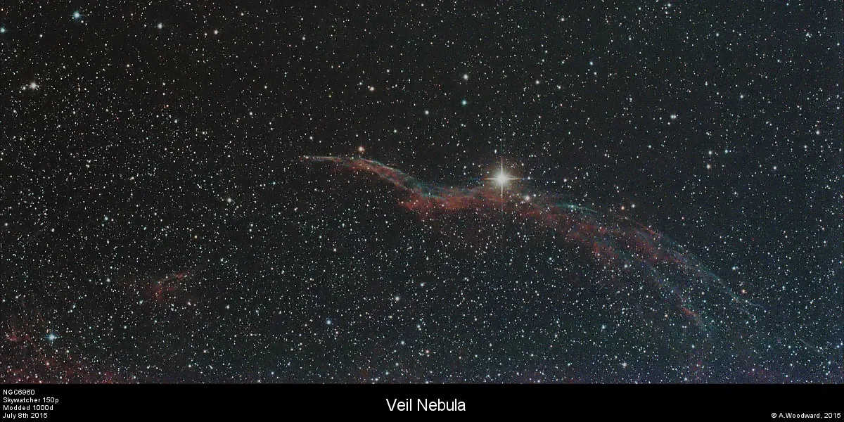 NGC6960 by Alastair Woodward, Derby, UK. Equipment: Skywatcher 150p, HEQ5 Pro GOTO, Modded Canon 1000d, CLS Clip Filter, Skywatcher Coma Corrector, QHY5L-II, PHD2, ST80 Guidescope
