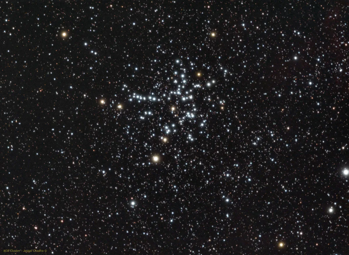 M38 Cluster by Jaspal Chadha, London, UK. Equipment: Takahashi 130, iOptron CEM60, QSI 690 CCD, LRGB.