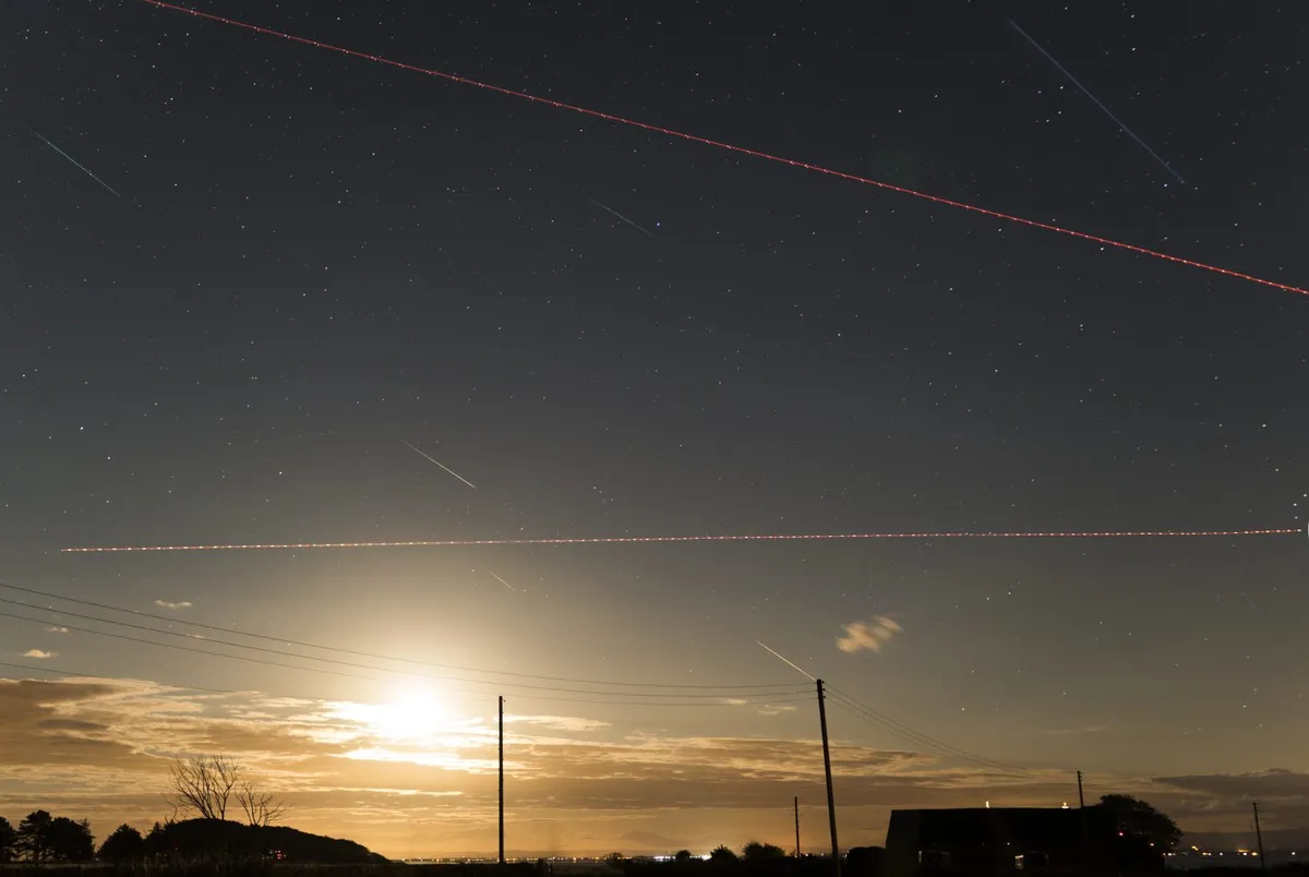 Aircraft trails, satellites and Perseids John Short, Dumfries, 13 August 2017. Equipment: Sony A7s, Samyang 35mm lens.