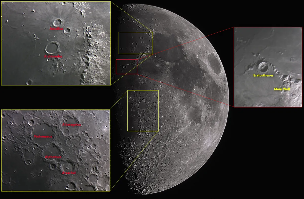 Moon and Regions by Houssem Ksontini, Tunis, Tunisia. Equipment: Skywatcher 150/750, Neq3-2 mount, Nikon D3000, Logitech C270, Barlow x2