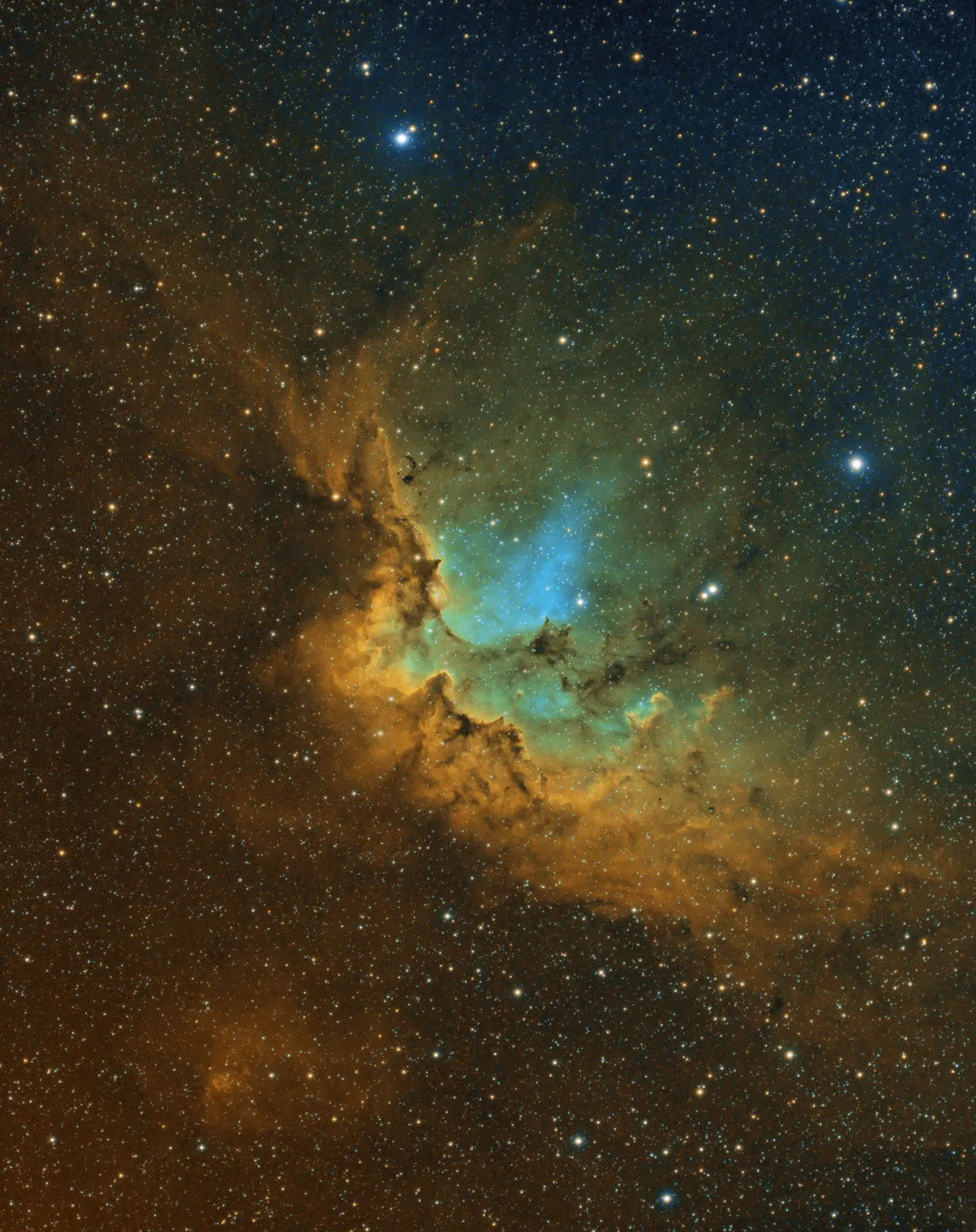 NGC7380 Wizard Nebula in HST by Chrish Heapy, Macclesfield, UK. Equipment: TV NP127is, Atik490EX, 10-Micron GM2000HPS-II, unguided, Astrodon 3nm Ha, OIII, SII, Baader 7nM Ha