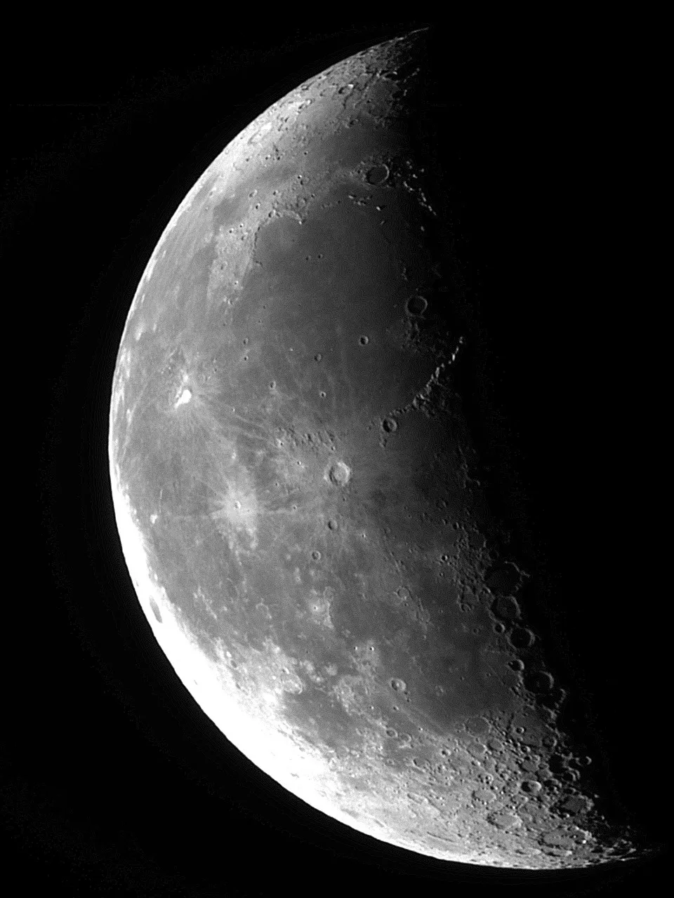 Last Quarter Moon by Andrew McNaught, Gloucestershire, UK. Equipment: Sky-watcher ST102 Refractor, i-Nova NNB Cx OSC CCD, Skywatcher EQ8 Mount.
