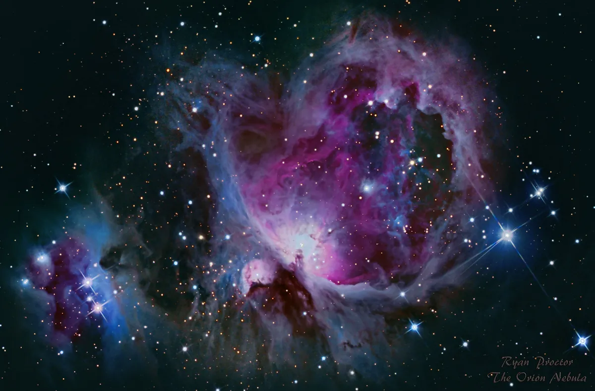 The Running Man and Orion Nebula by Ryan Proctor, UK. Equipment: Skywatcher Quattro 8s, Skywatcher NEQ6 Pro, Nikon d5500 astro modified, ZWO asi120 mc-s Guide cam 50mm guide scope, Backyard Nikon, PHD2