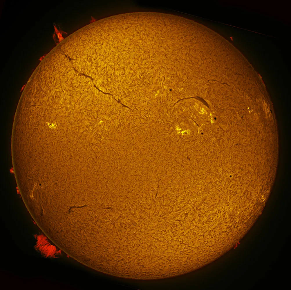 The Sun in h-alpha on November 13, 2011 by Michael Borman, Evansville, Indiana, USA. Equipment: Televue 102iis refractor, Coronado SM90 h-alpha filter with BF30, DMK41AU02.AS camera, .5x focal reducer, Celestron CGE Pro mount.