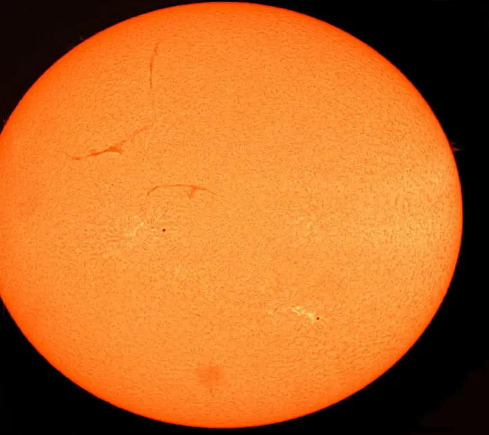 A Busy Sun by Paul Mason, Cannock, UK. Equipment: Nexi Image Burst camera, Lunt LS50THa, B600PT 50mm H-Alpha Telescope.