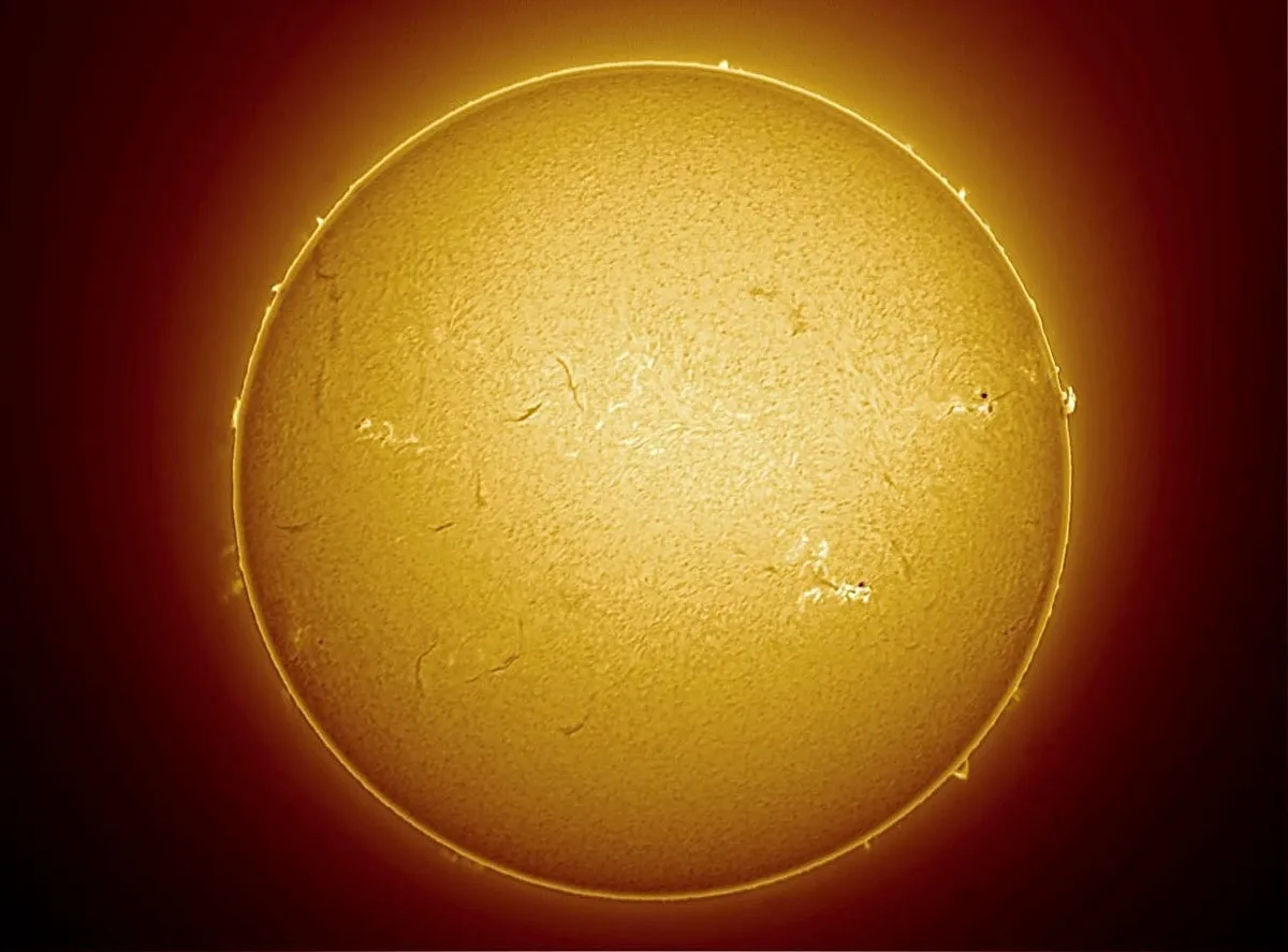 The Sun by Mark Griffith, Swindon, Wiltshire. UK. Equipment: Lunt 35mm Ha Telescope, Skywatcher NEQ6 pro mount, DMK41 mono camera.