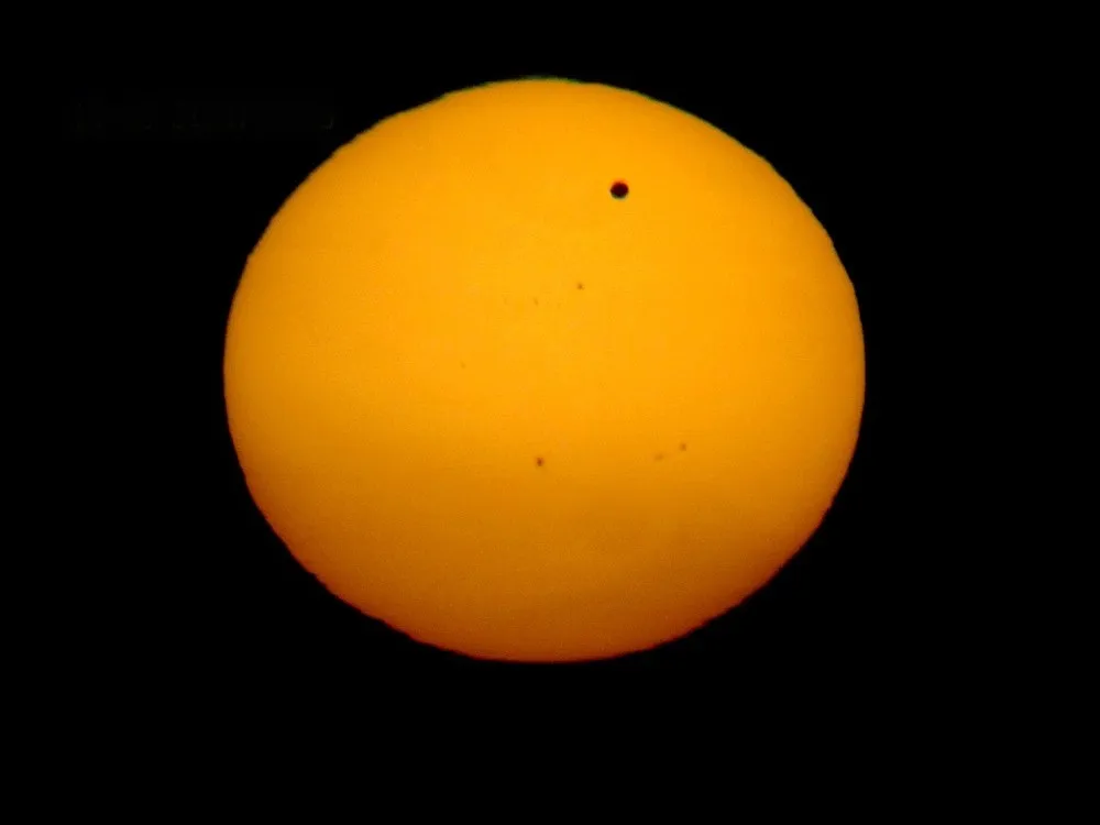 Venus transit on Oblate Sun by Chris.B, Assens, Denmark. Equipment: 90mm f:11 achromatic refractor, solar foil full aperture filter, inexpensive compact camera used afocally with 20mm cheap 20mm PLossl eyepiece. Mounted on a video tripod with pan and tilt head.