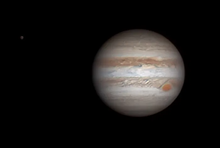 Jupiter and Callisto, captured by Tom Howard, Sussex, UK, using a Celestron Skyris 618C camera, Celestron C11 SCT, Skywatcher AZ-EQ6 mount.