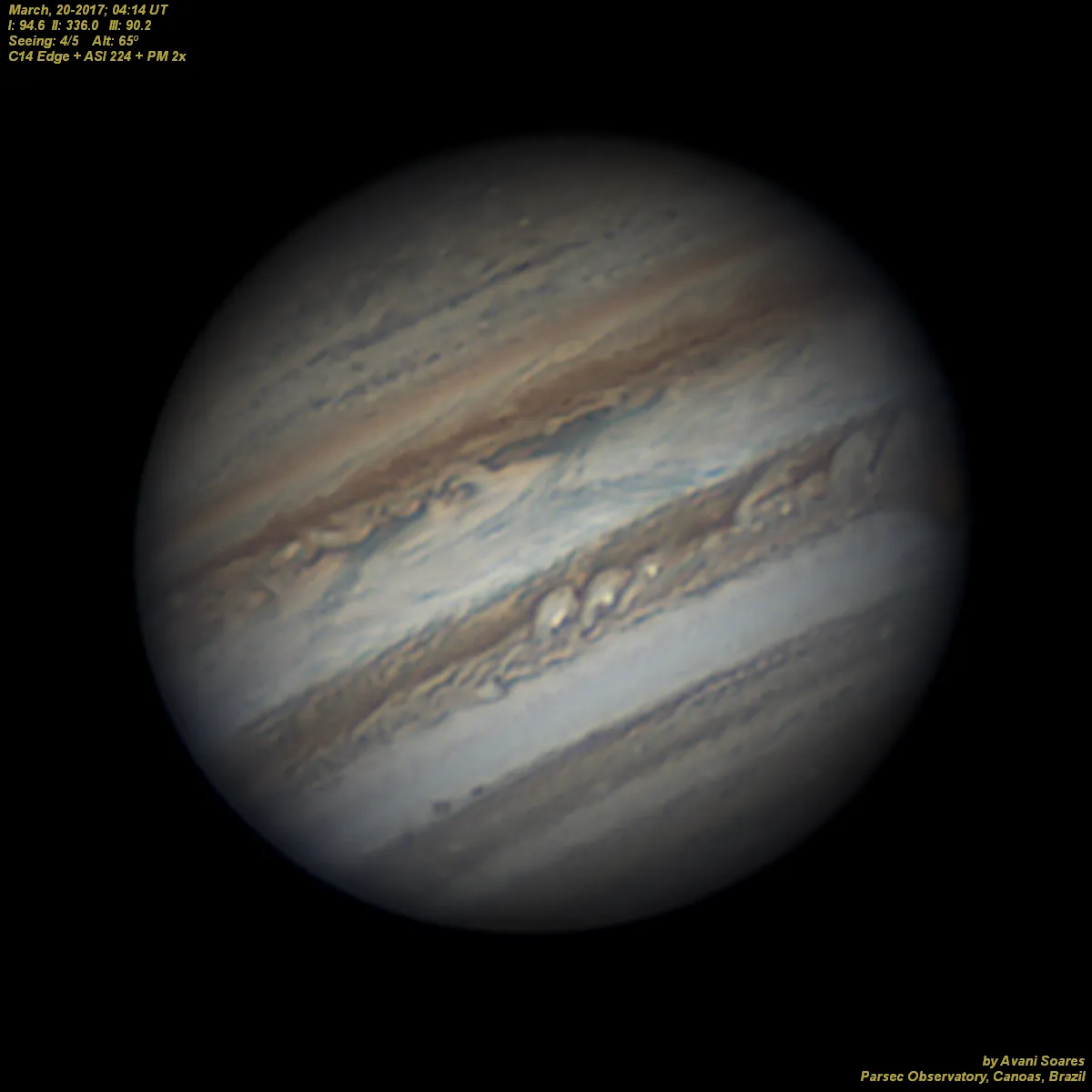 Jupiter, March 20 by Avani Soares, Parsec Observatory, Canoas, Brazil.