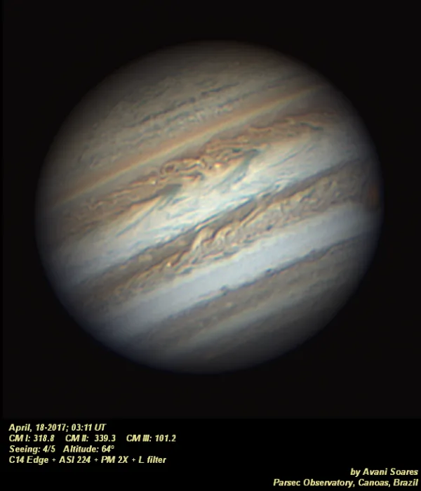 Jupiter, April 18, 2017 by Avani Soares, Parsec Observatory, Canoas, Brazil.