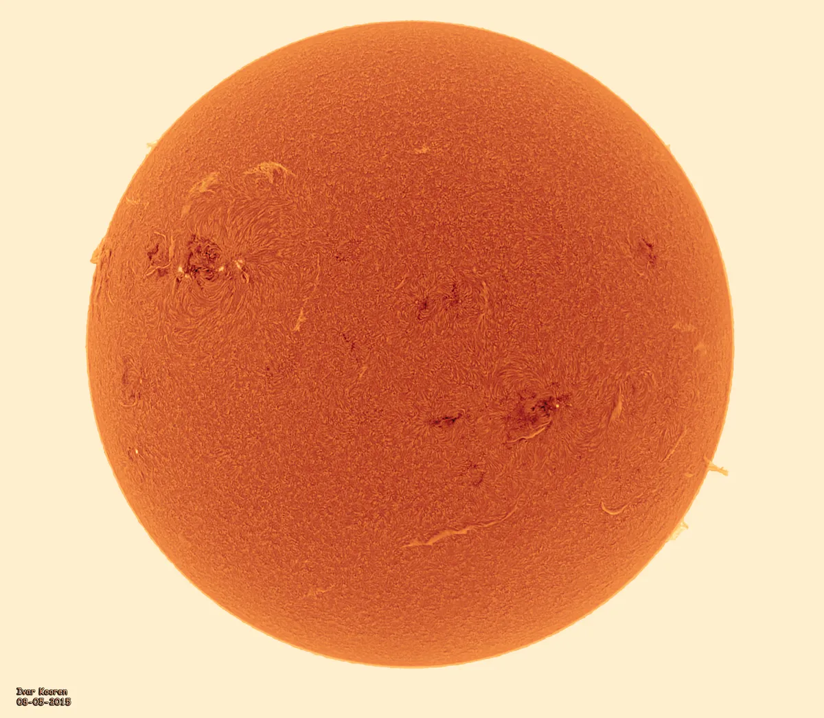 Full Disk image of the Sun by Ivar Kooren, Heenvliet, The Netherlands. Equipment: ZWO ASI174mm, Solarmax60S, NEQ6, Televue Barlow 2.5x