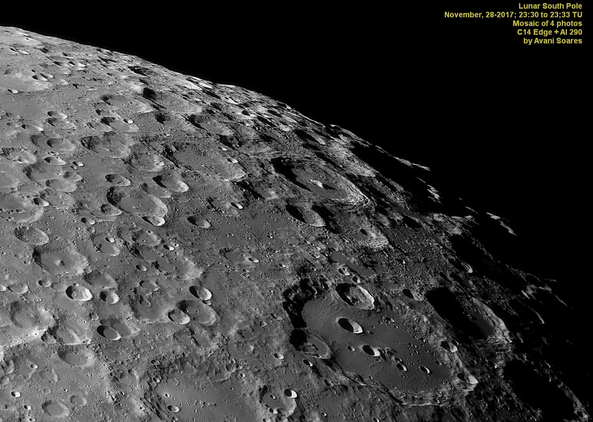 Lunar South Pole by Avani Soares, Parsec Observatory, Canoas, Brazil. Equipment: C14 Edge, ASI 290, IR 685